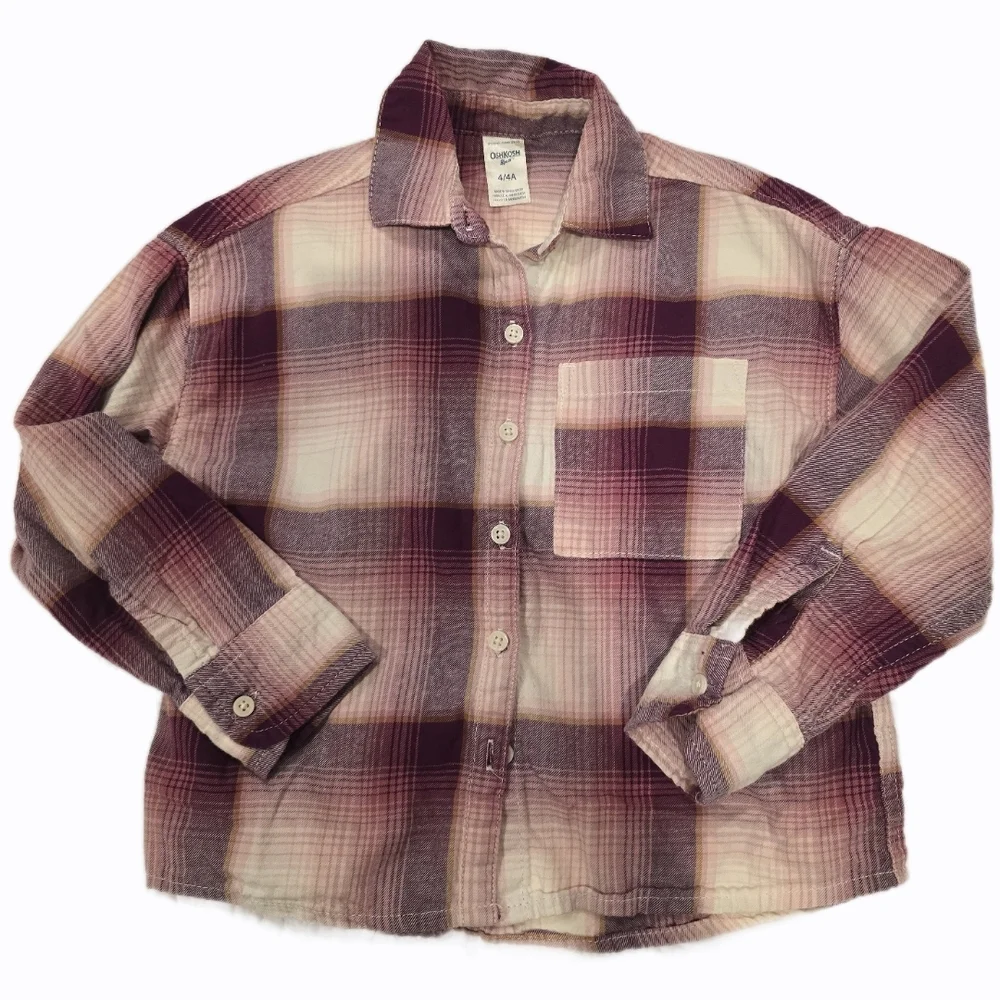 Osh Kosh Pink Flanel Button-Up Shirt Kids Sz 4 Soft Pink 100% Cotton Layer Cover